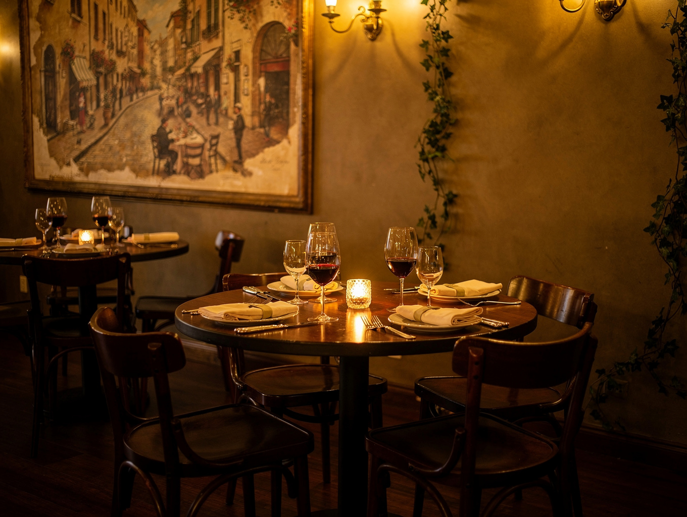 Warm candlelit dining room at CUCINA with exposed brick walls and soft amber lighting