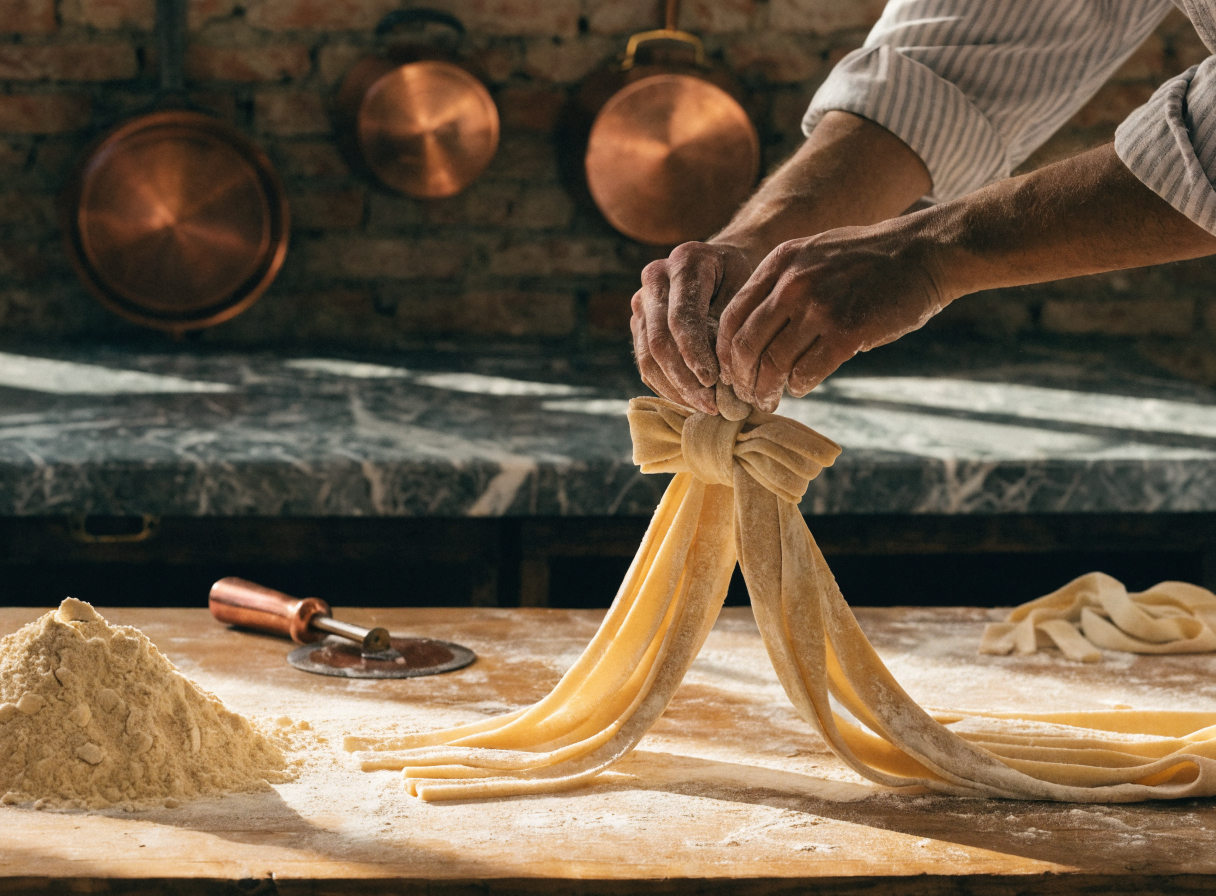 Chef Elena Moretti hand-folding fresh pasta in the kitchen