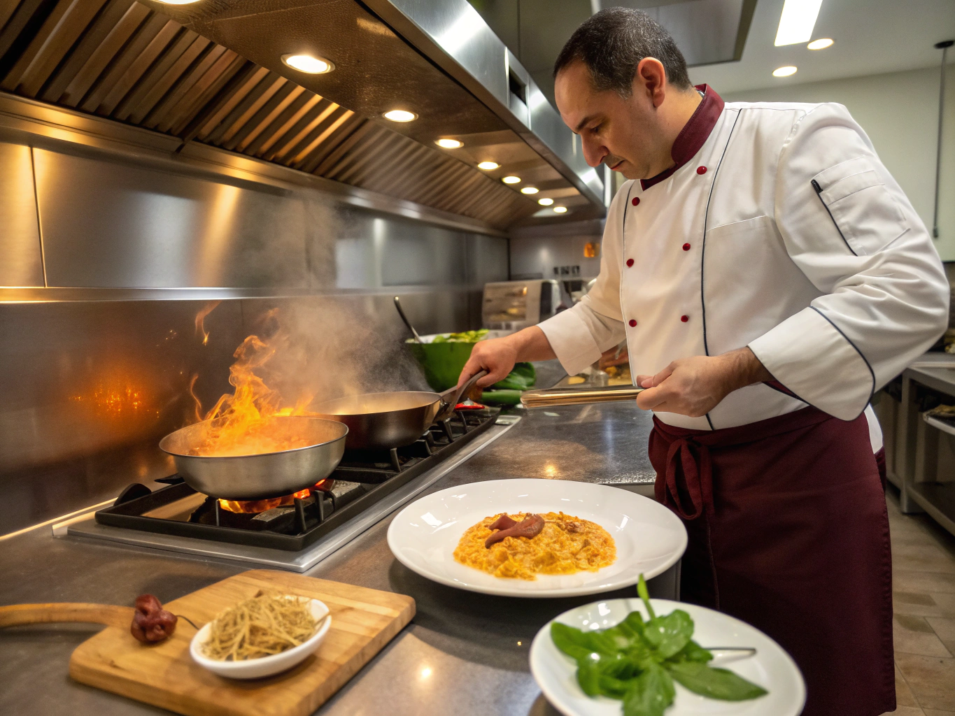 Executive chef delicately plating fresh handmade pasta in an open kitchen