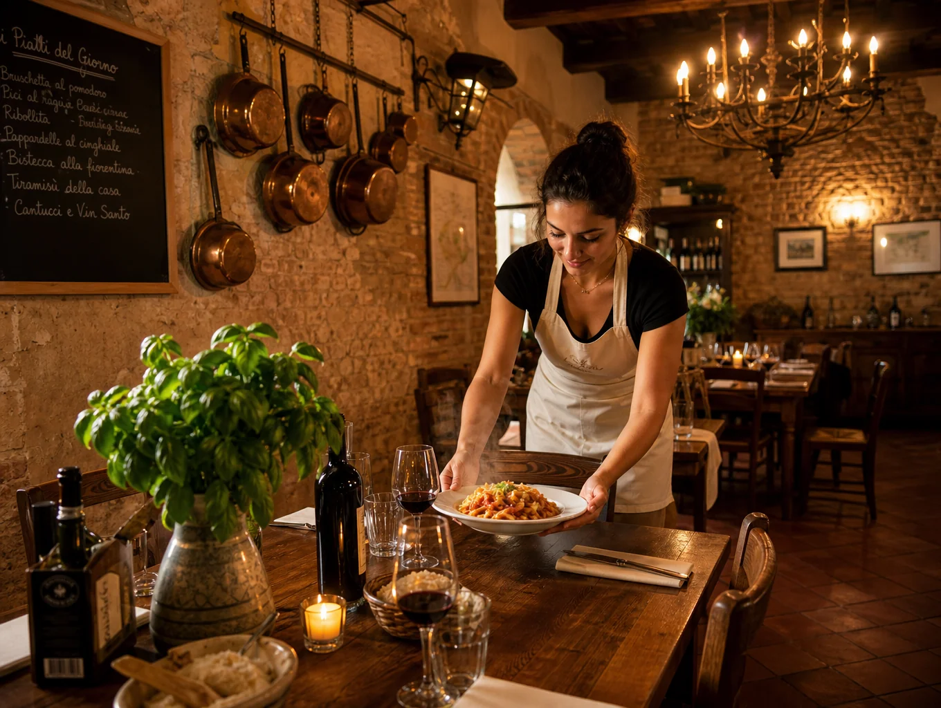 Cozy dining atmosphere with warm candlelight and rustic Italian decor