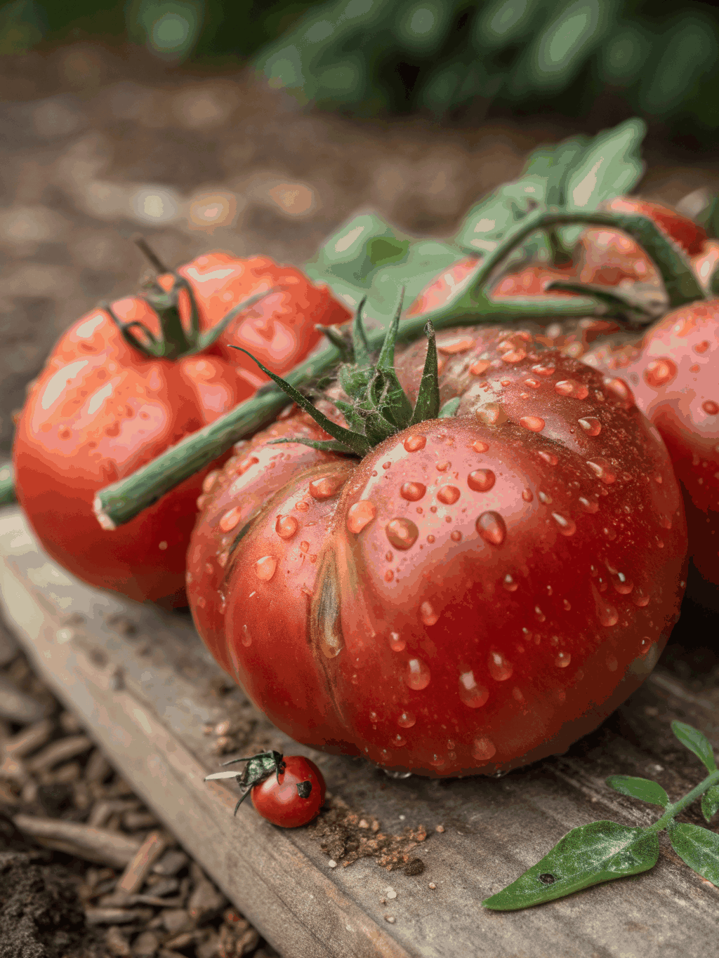 Macro capture of vibrant heirloom tomatoes and fresh basil on a rustic table