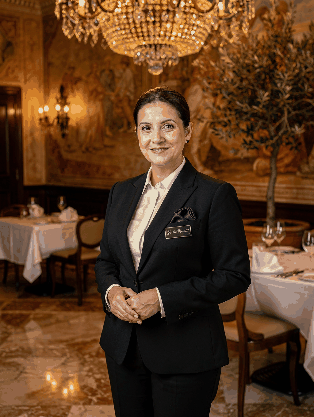 Giulia Conti welcoming guests to the dining room