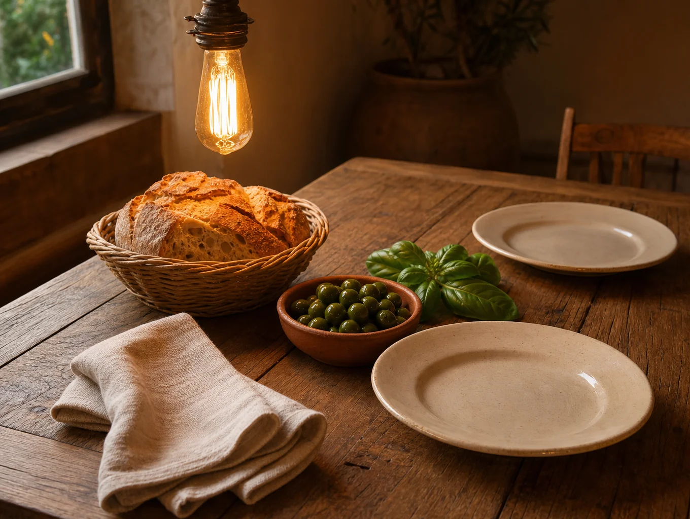 Solid oak dining table set with artisanal ceramic dishware and fresh herbs