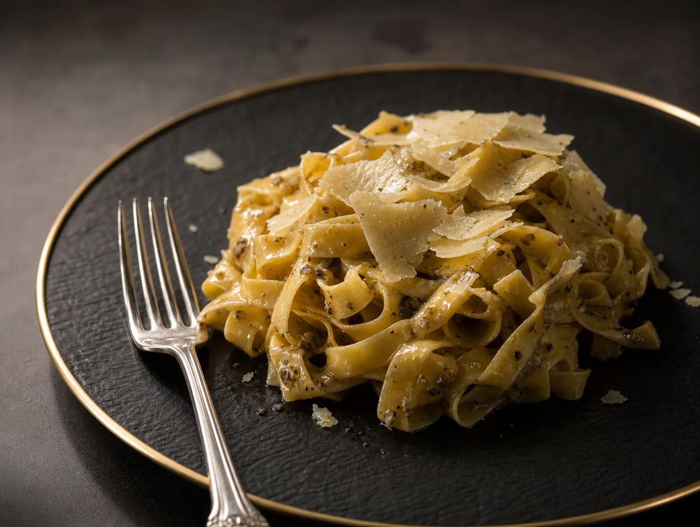 Hand-rolled tagliatelle pasta with fresh shaved black truffles