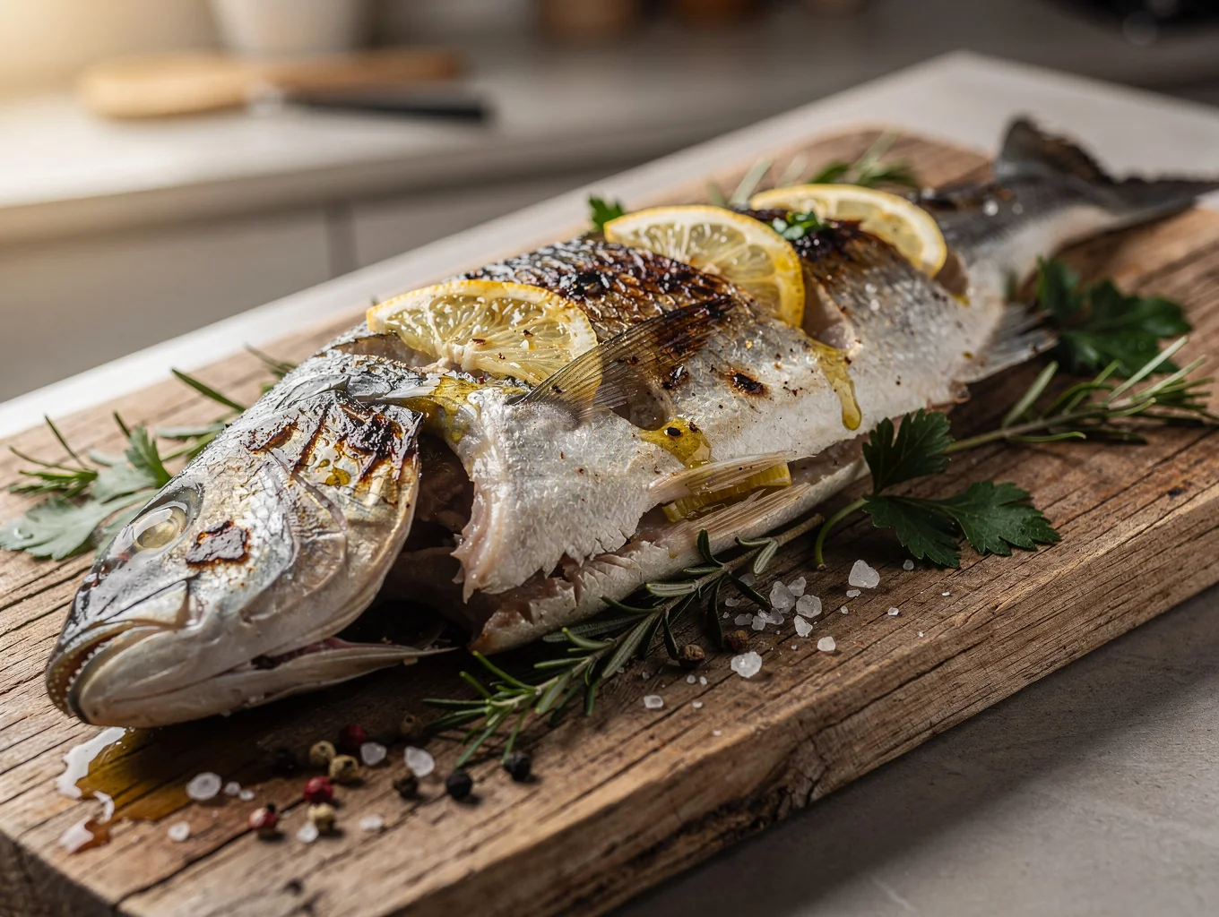 Wood-fired whole branzino with lemon and fresh herbs